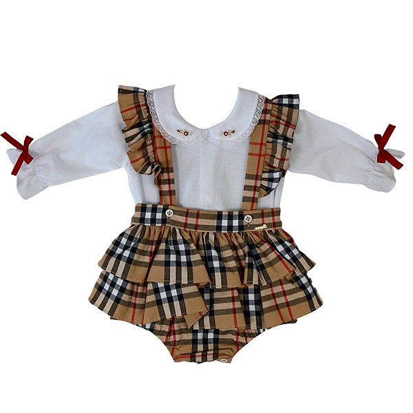 Jardineira com Body Infantil Manga Longa Estilo Burberrry Xadrez Roana