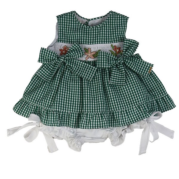 Conjunto Infantil Bata com Culote ou Short  Bordada com Lacinhos Meu Jardim Xadrez Verde Roana