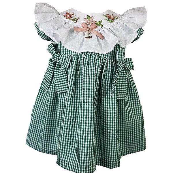 Vestido Infantil Gola Bordada com Lacinhos Meu Jardim Xadrez Verde Roana