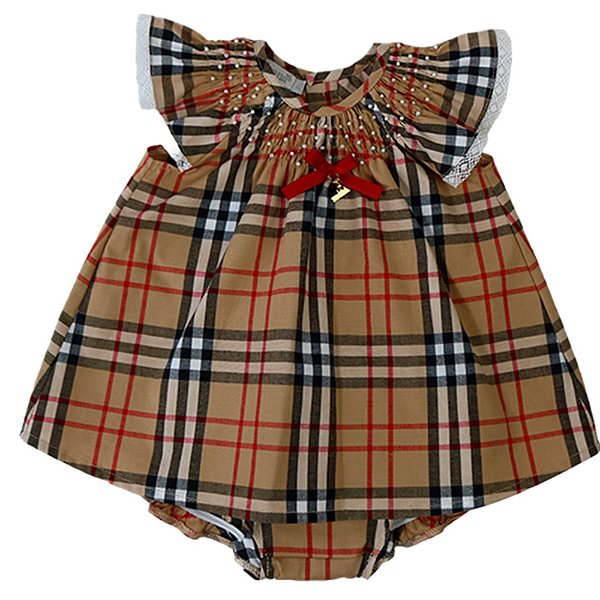 Vestido Infantil com Calcinha com Pérolas e Laço Clássico Estilo Burberrry Xadrez Roana