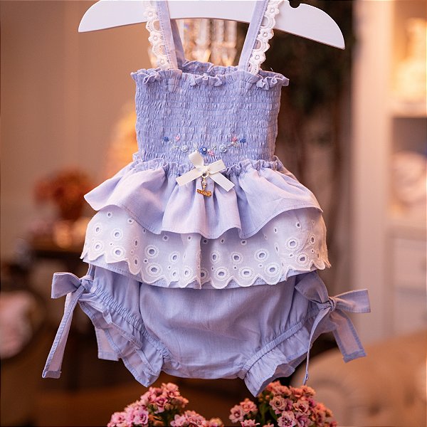 Conjunto Infantil Bata com Culote ou Short Babados e Bordado Magia Azul Roana