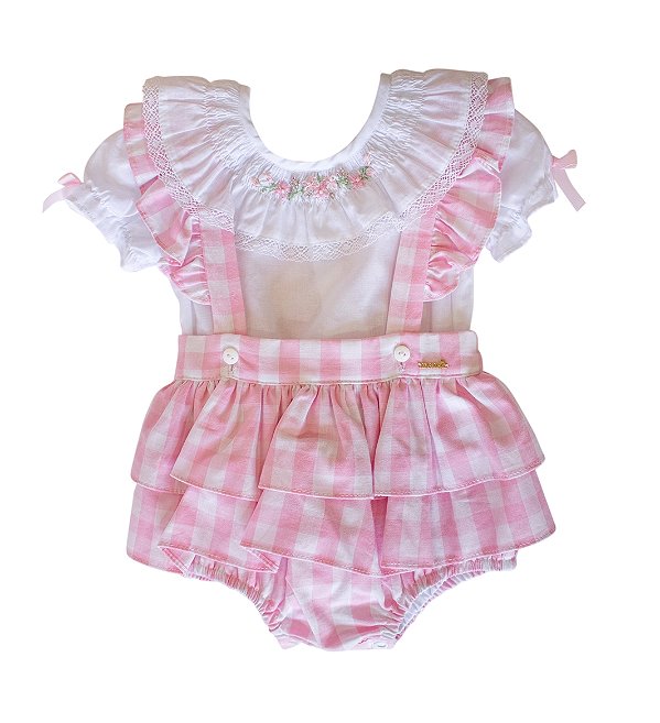 Jardineira Infantil com Body Xadrez Rosa Roana