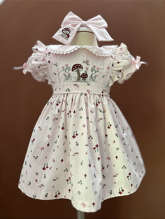 Vestido Infantil Gola Boneca Mini Cogumelos Rosa Roana
