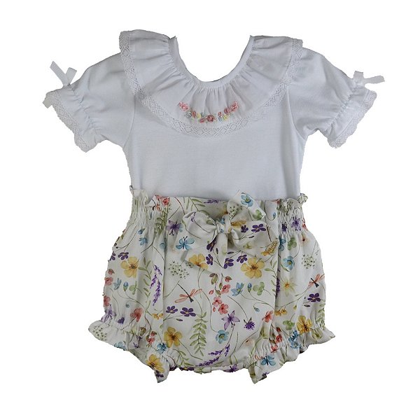 Body com Culote Infantil com Gola Bordada Flores no Jardim Estampado Roana