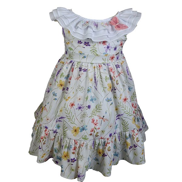 Vestido Infantil com Gola Bordada e Borboleta 3D Flores no Jardim Estampado Roana