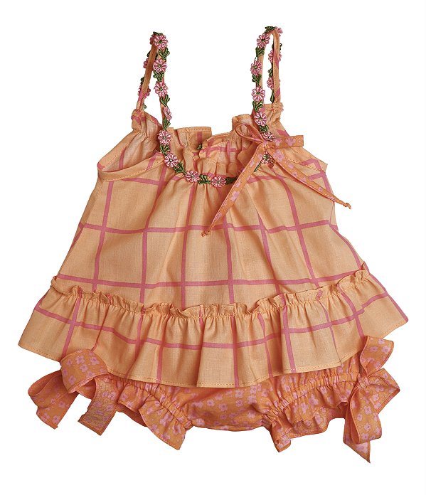 Conjunto Infantil Bata com Culote ou Short Verão Florido Laranja Roana