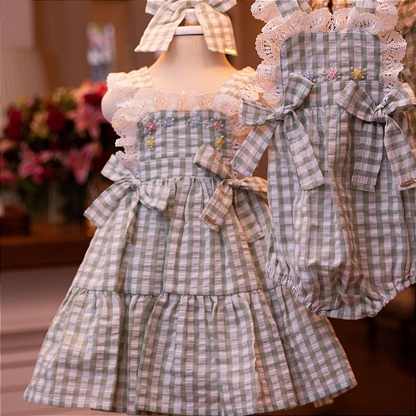Vestido Infantil Ternura de Verão Xadrez Verde Roana
