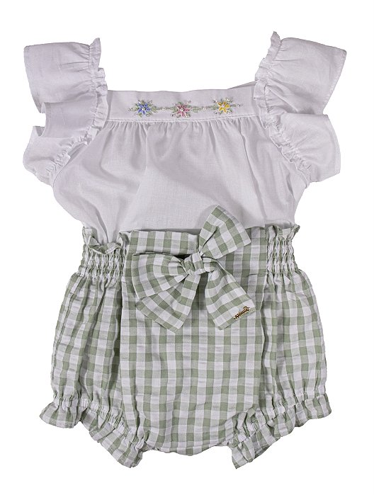 Conjunto Infantil Body com Culote Ternura de Verão Xadrez Verde Roana