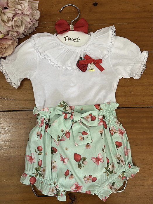 Conjunto Infantil Body com Culote Doce Moranguinho Estampado Verde Roana