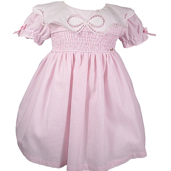 Vestido Infantil Gola Laço Rechilieu Listrado Rosa Roana