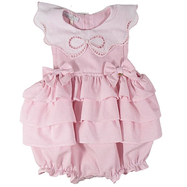 Pimpão Romper Infantil Gola Laço Rechilieu Listrado Rosa Roana