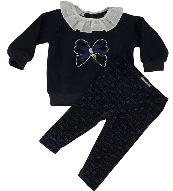 Conjunto moletom Roana blusa com gola aplicada laço bordado e calça legging estampada - Marinho