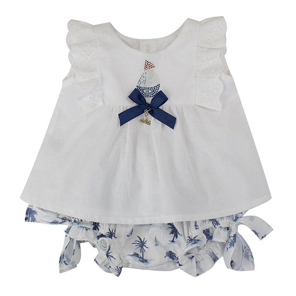 Conjunto Bata Com Culote ou Shortinho Menina Barquinho Roana - Estampado Azul