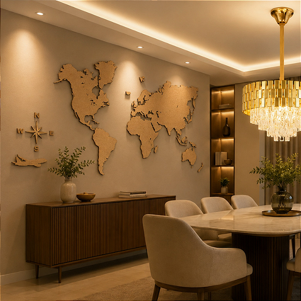 "Mapa Mundi + Rosa dos Ventos" - Peça Decorativa em MDF Premium