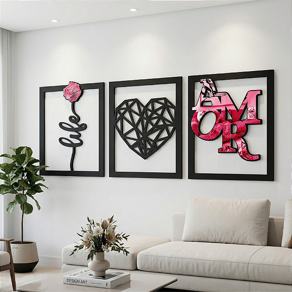 Trilogia do Amor - Escultura de parede Trio Decorativo em MDF Premium com Acrílico