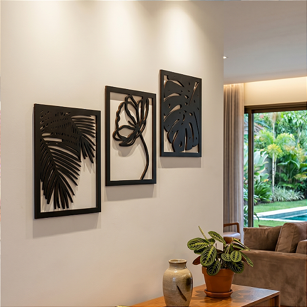 Trio de Esculturas de Parede | Flora - Quadro Vazado Botânico em MDF