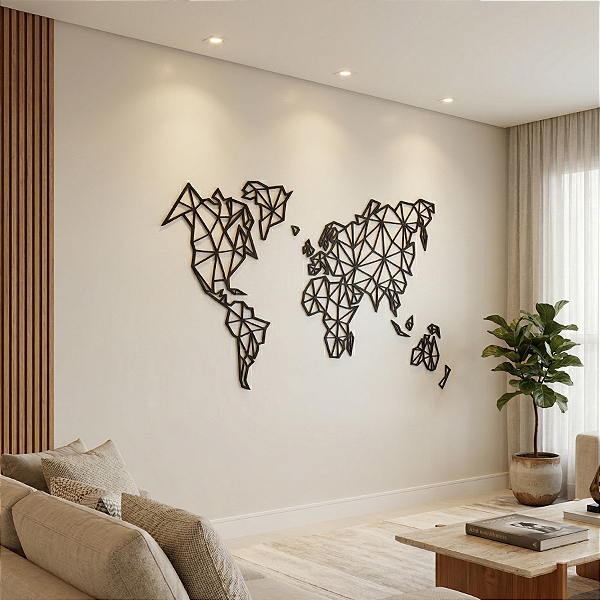 Escultura de Parede em MDF – Mapas, Viagens e Mundo | Mapa Mundi Geométrico
