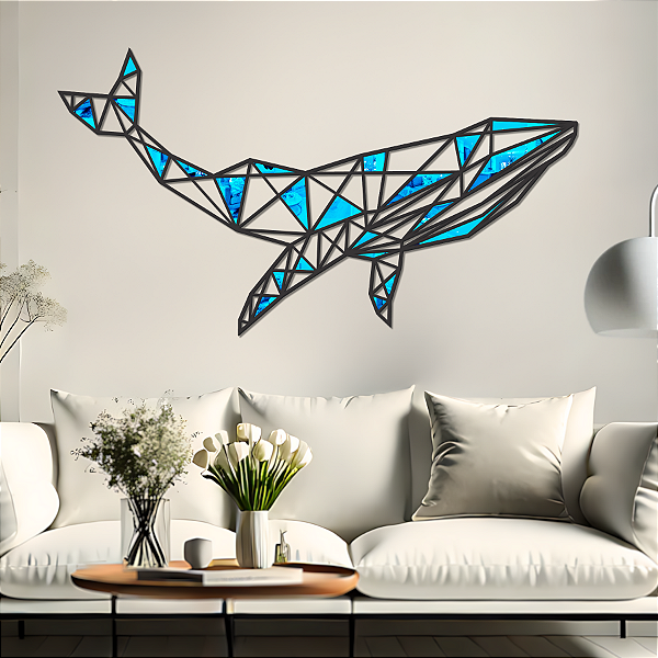 Escultura de Parede em MDF e Acrílico Espelhado – Arte Marítima e Animais | Baleia Geométrica