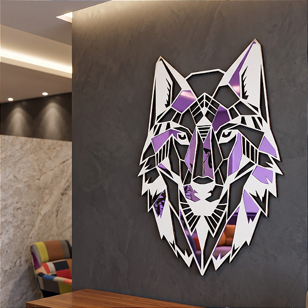 Escultura de Parede | Lobo Geométrico - em MDF com Acrílico Espelhado