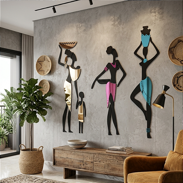 Escultura de Parede em MDF com Acrílico Espelhado – Figura Feminina | Trio Mulheres Africanas