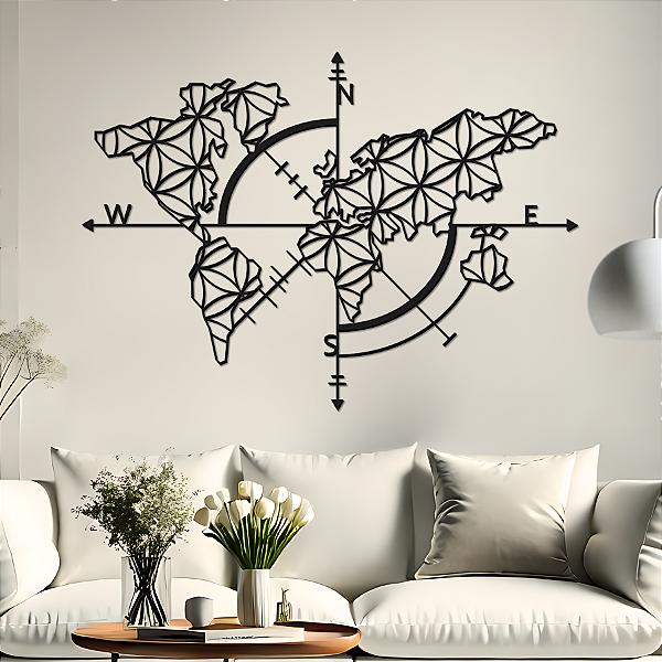 “Mapa Mundi Geométrico Flor da Vida” - Peça Decorativa em MDF Premium