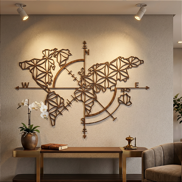 “Mapa Mundi Geométrico Flor da Vida” - Peça Decorativa em MDF Premium