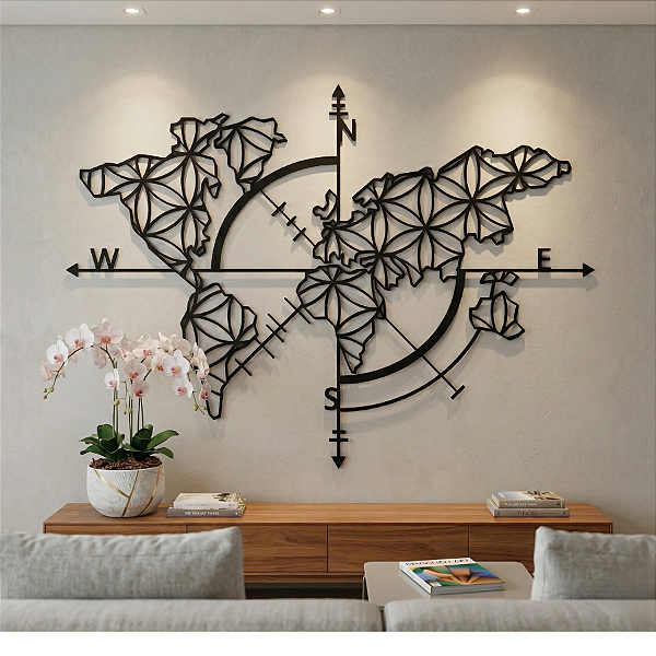 “Mapa Mundi Geométrico Flor da Vida” - Peça Decorativa em MDF Premium