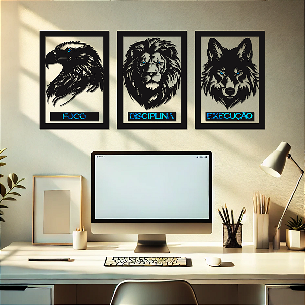 Motivação | Leão, Águia e Lobo: Foco, Disciplina e Execução - Escultura de Parede em MDF com Acrílico Espelhado | Trio de Quadros Vazados