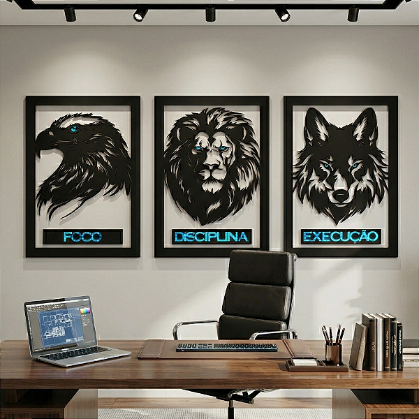 Motivação | Leão, Águia e Lobo: Foco, Disciplina e Execução - Escultura de Parede em MDF com Acrílico Espelhado | Trio de Quadros Vazados