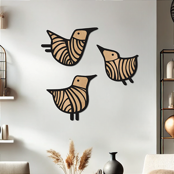 Três Horizontes - Trio de Passarinhos - Quadro Escultura de Parede | Painel Vazado