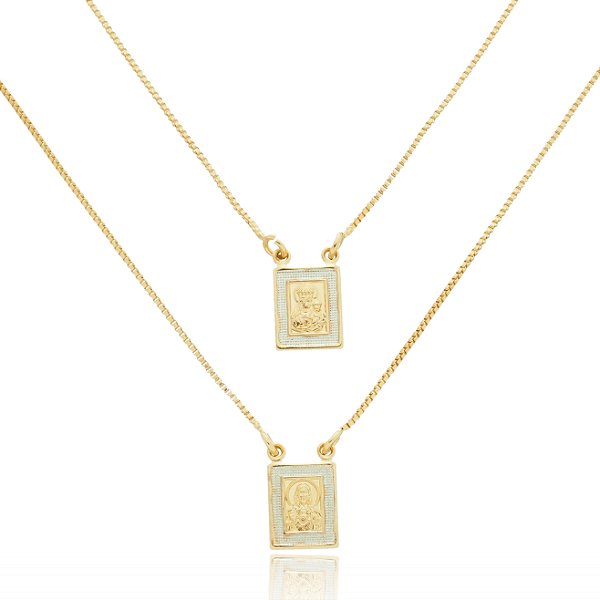 Colar Escapulário Corrente Veneziana Dourado - Sagrado Coração de Jesus com Nossa Senhora do Carmo