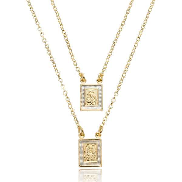 Colar Escapulário 2 em 1 Dourado Com Fecho - Sagrado Coração de Jesus com Nossa Senhora do Carmo