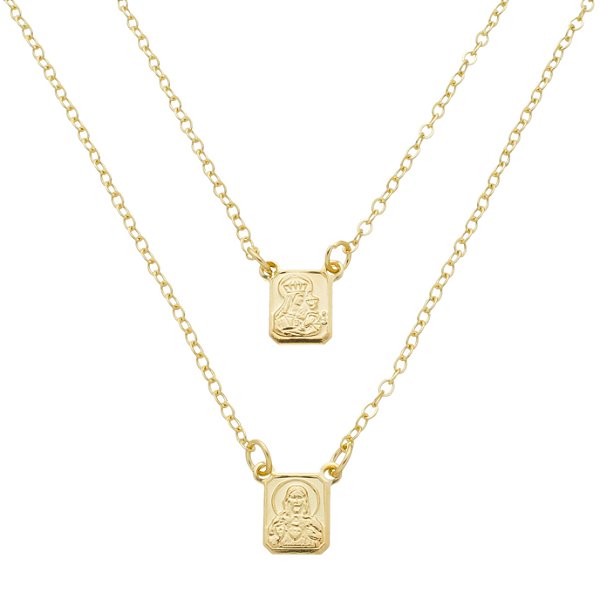 Colar Escapulário Mini Corrente Elo Português - Banho 12 Camadas Ouro 18k - Sagrado Coração de Jesus com Nossa Senhora do Carmo