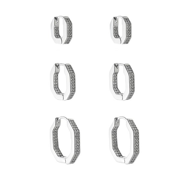 Argola Cravejada Dentro e Fora Hexagonal Prateada - Tamanhos vendidos separadamente