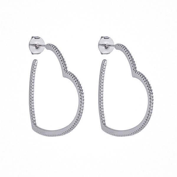 Argola Coração Cravejada Dentro e Fora Prateada