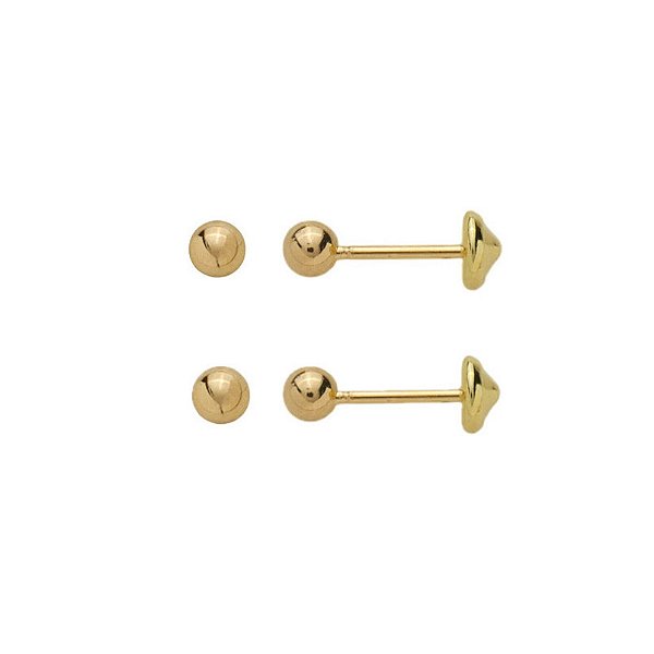Kit Dourado - 2 Pares de Brincos Bolinha com Tarraxa Baby - Adulto e Criança