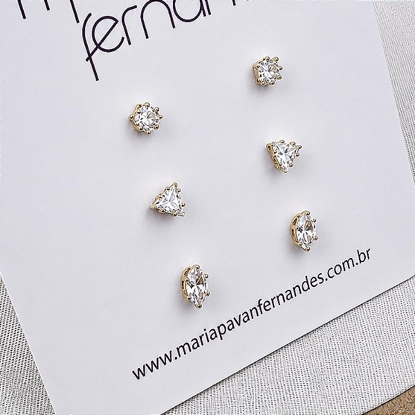 Kit 3 Pares - Brinco Zircônia Geométrica - Banho 12 Camadas Ouro 18k
