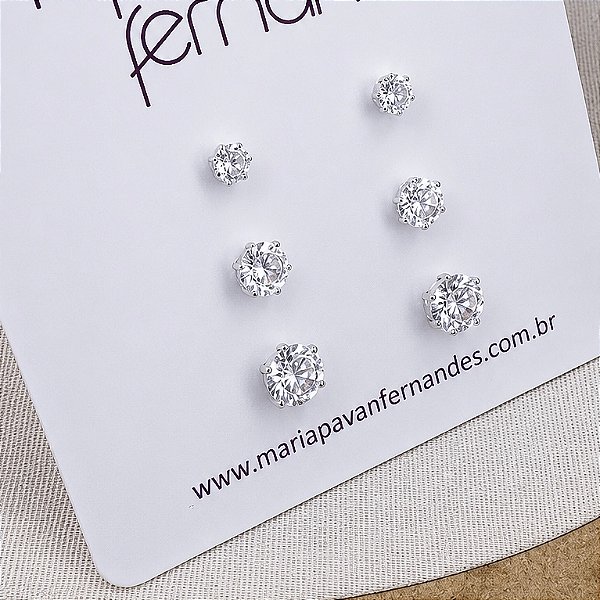 Kit 3 Pares - Brinco Ponto de Luz Zircônia Menor - Prata