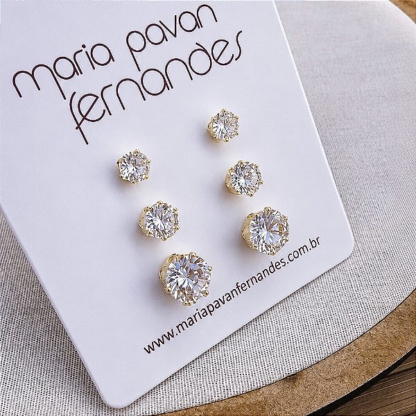 Kit 3 Pares - Brinco Ponto de Luz Zircônia Maior - Banho 12 Camadas Ouro 18k