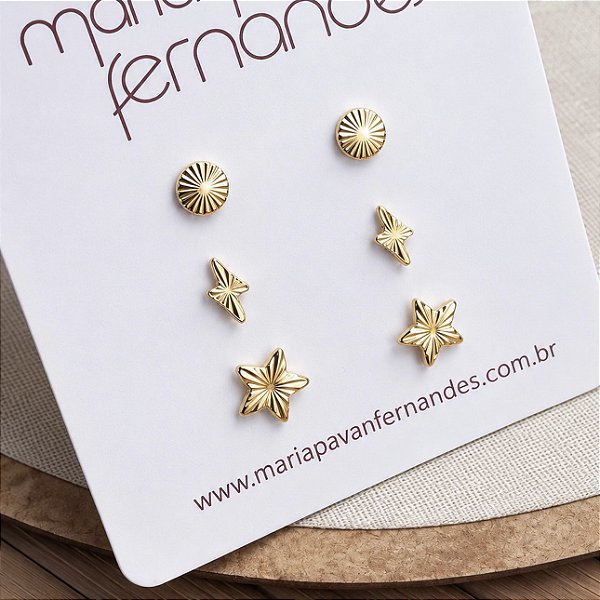 Kit 3 Pares -Brinco Estrela Raio Lua - Banho 12 Camadas Ouro 18k