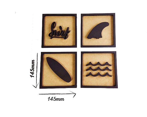 Kit 4 Quadrinhos em MDF, Tema Surf