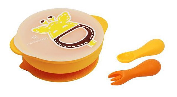 Kit de Alimentação Girafa Amarela (Tigela com Tampa e Talher) - Marcus & Marcus
