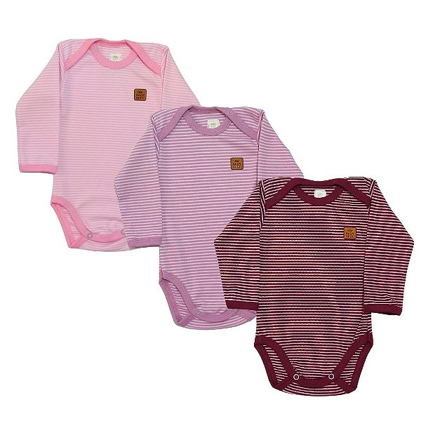 Kit com 3 Body Listrado Confort Manga Longa Feminino - Baby Best