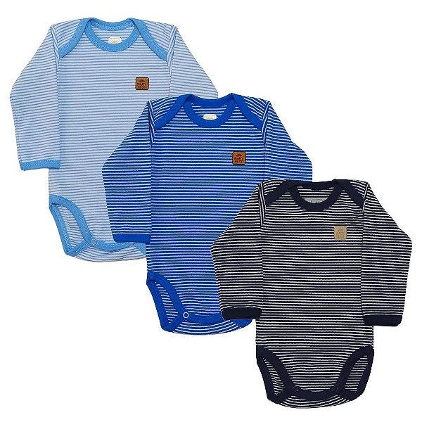Kit com 3 Body Listrado Confort Manga Longa Masculino - Baby Best