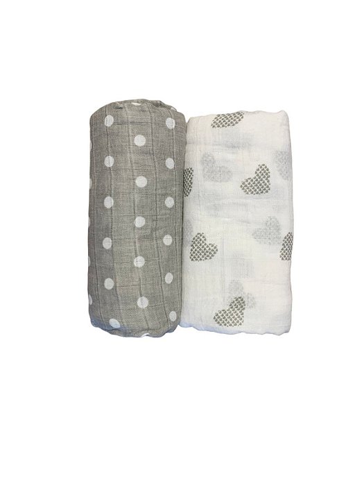Kit de 2 Cueiros Musselina Cinza e Coração