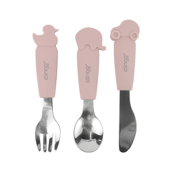 Kit de Talheres Animais Metal e Silicone Rosa - Clingo