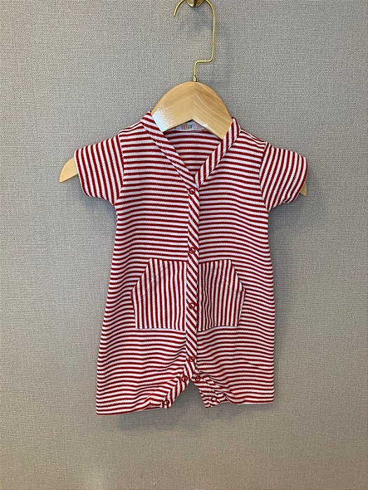 Macacão Curto Listrado Vermelho - Totalbaby
