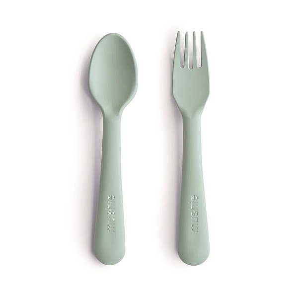 Colher e Garfo de Silicone Verde - Mushie