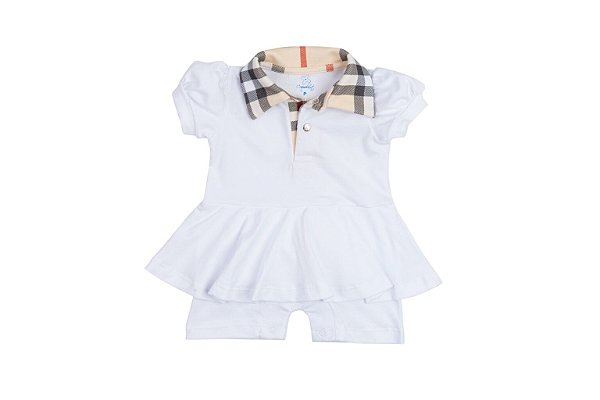 Macacão Curto Polo Babado Feminino Branco Xadrez