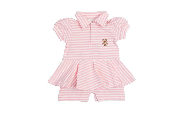 Macacão Curto Polo Babado Feminino Rosa Listrado Urso